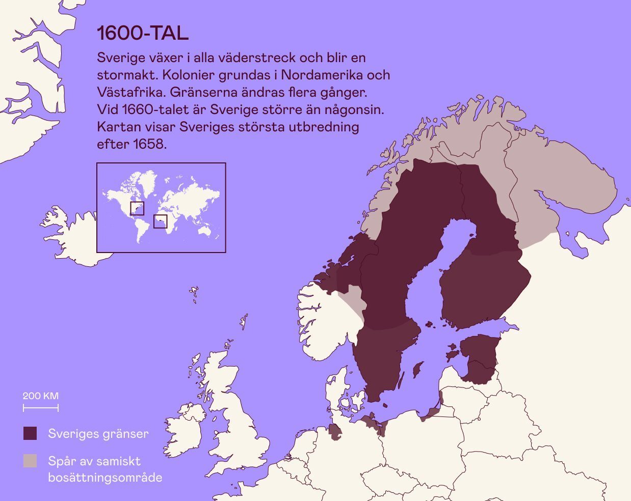 Map of Sweden's 17th-century empire at its greatest extent, including colonies.