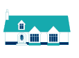Stylized illustration of a white house with a teal roof and dark blue accents on a green background.