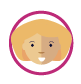 Pixelated blonde woman's face with a smile, inside a pink circle on a green background.