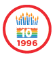Circular logo marking 10 years, with colorful candles, rainbow stripes, "10", and "1996". Red border.