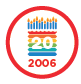 A circular logo commemorating "20" years, featuring rainbow bars, candle-like graphics, and "2006".