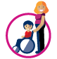 A smiling woman stands beside a smiling child in a wheelchair, both within a pink circle.