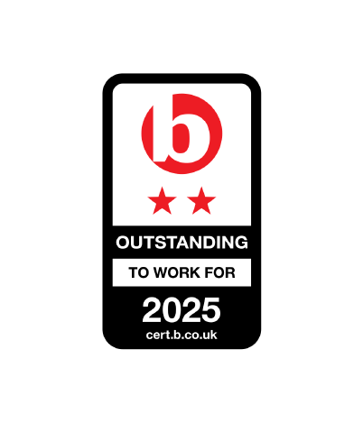Outstanding to Work For 2025 award badge with 'b' logo and two stars.