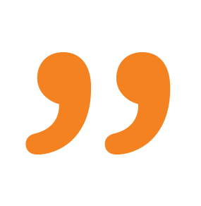 Two large, orange closing quotation marks on a dark green background.