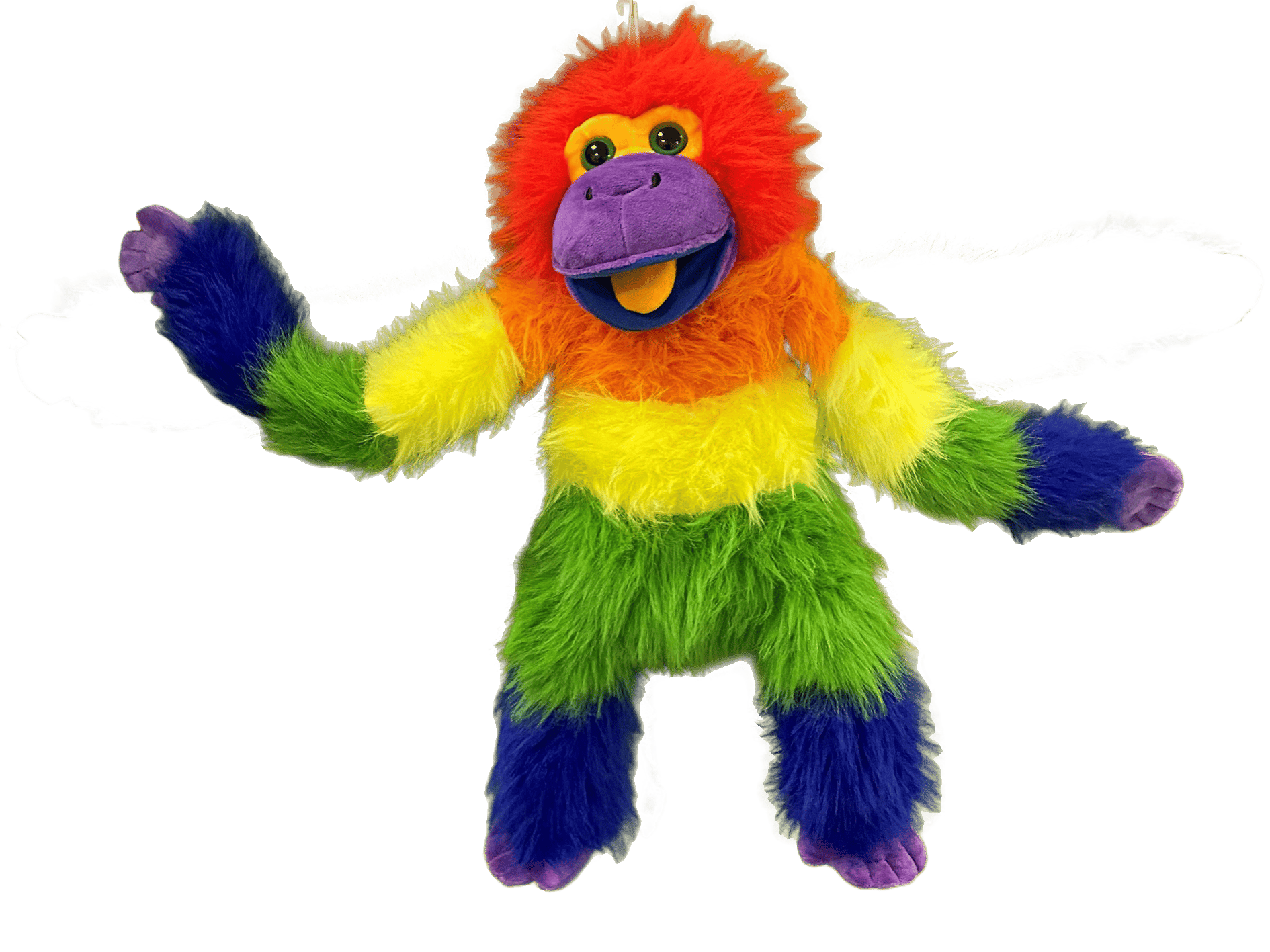Rainbow-striped fluffy monkey puppet with red head, yellow eyes, purple snout, and a yellow tongue sticking out.