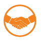 Orange handshake symbol in a circle.