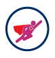 Pink superhero figure with a red cape and heart, flying in a dark blue circle.