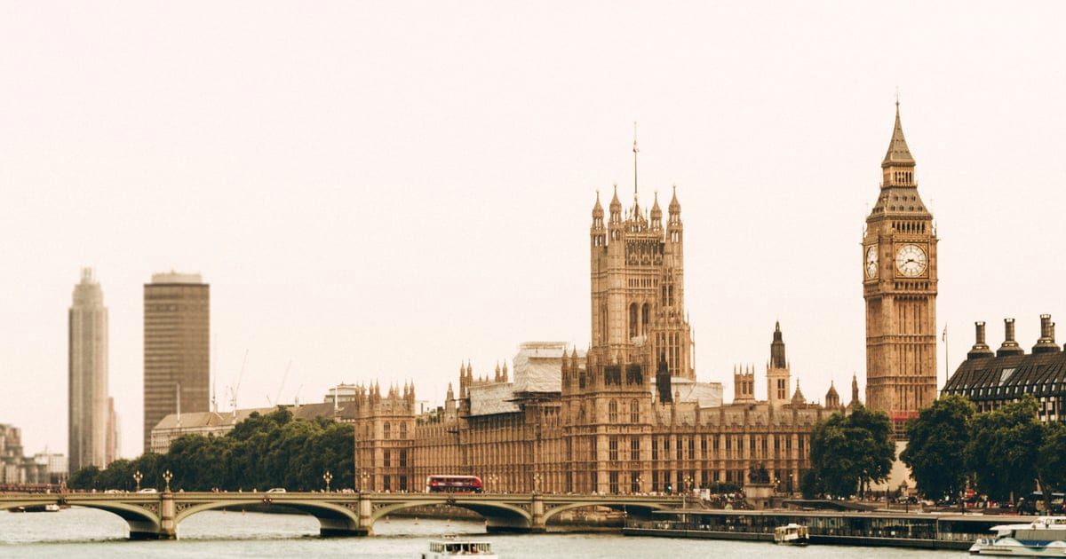 Houses of Parliament, Big Ben, Westminster Bridge over River Thames, London.