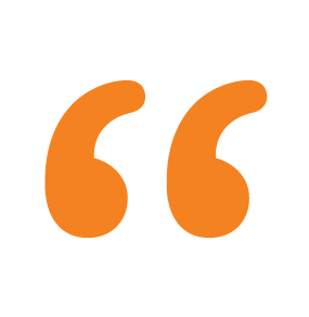 Two large, orange double quotation marks on a solid dark green background, stylized and bold.