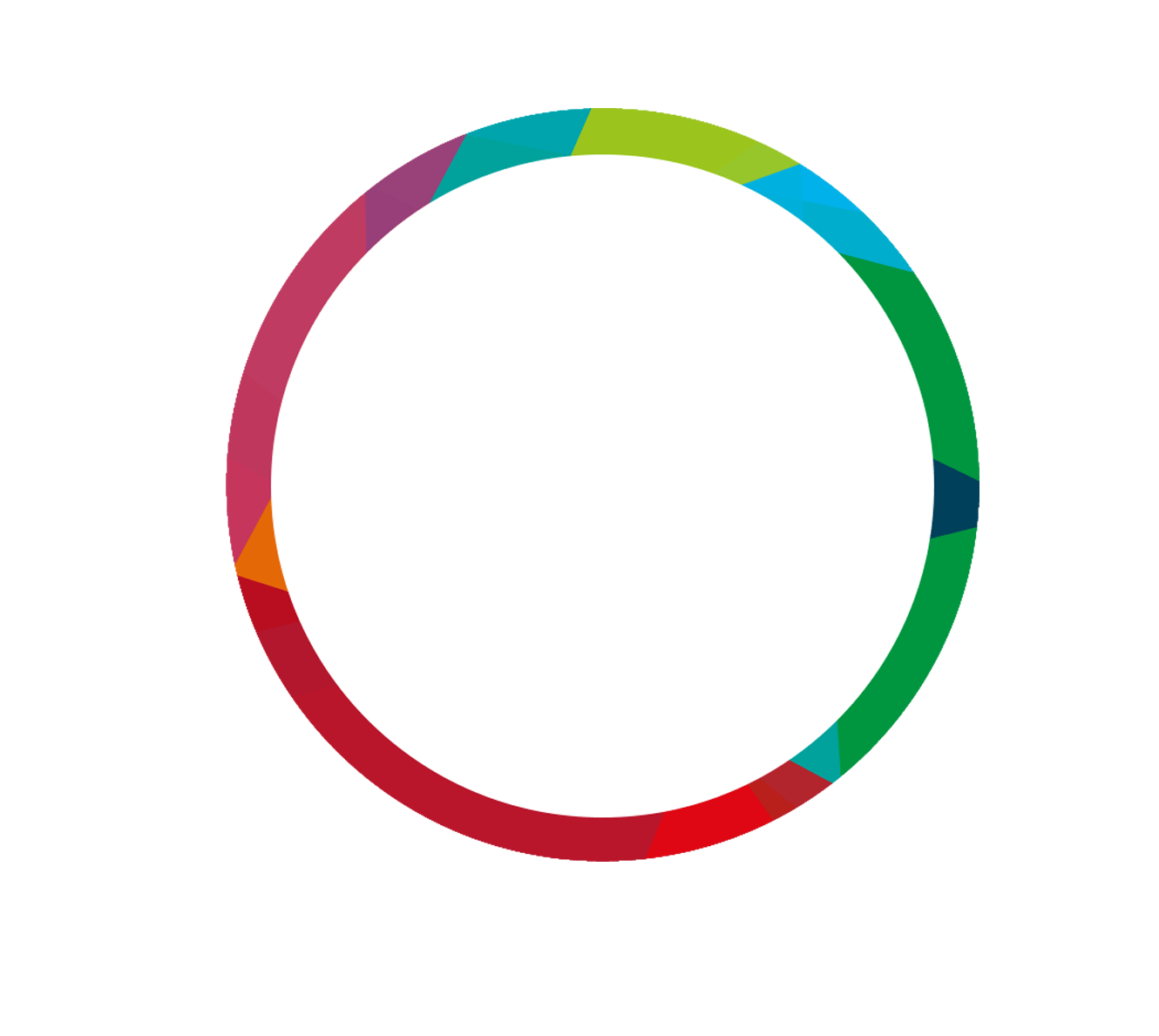 A colorful segmented ring frames a white circle on a dark green background.