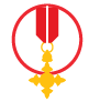 Gold cross medal with a red ribbon and a red circle on a green background.