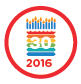 30th anniversary badge for 2016 with candles and colorful stripes.