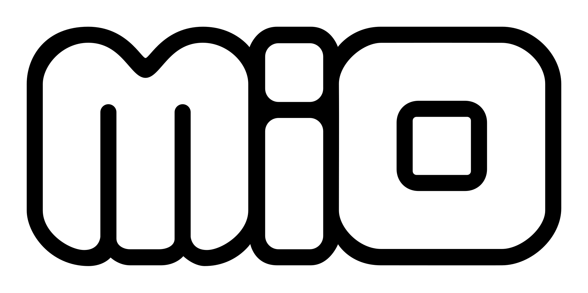The "Mio" logo features stylized, rounded, bold black letters on a white background.