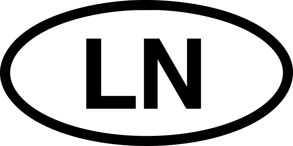 Black-bordered dark green oval with the letters "LN" in black.
