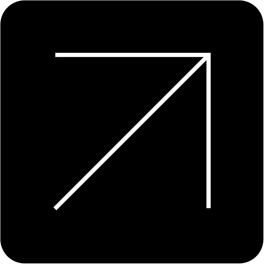 A white arrow pointing diagonally up and right, inside a black square with rounded corners.