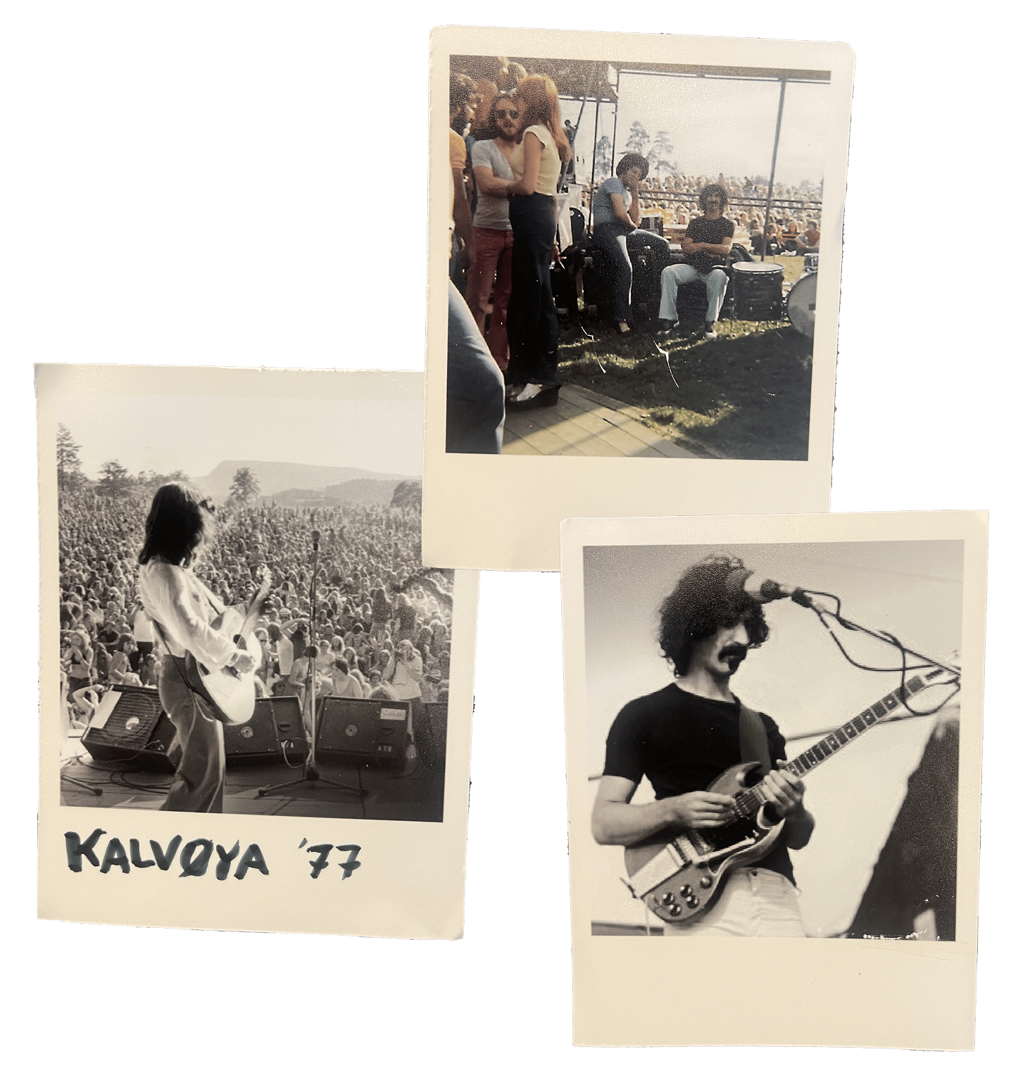 Three vintage photos: Frank Zappa playing guitar, a Kalvøya '77 festival musician, and concert-goers.