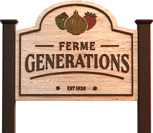 A wooden farm sign with "FERME GENERATIONS EST 1920" and illustrations of a pepper, onion, and strawberry.