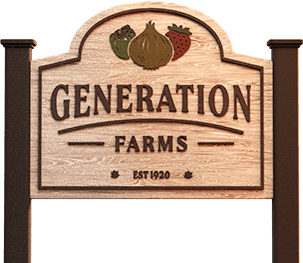 Wooden sign for "Generation Farms" established 1920, with illustrations of a bell pepper, onion, and strawberry.
