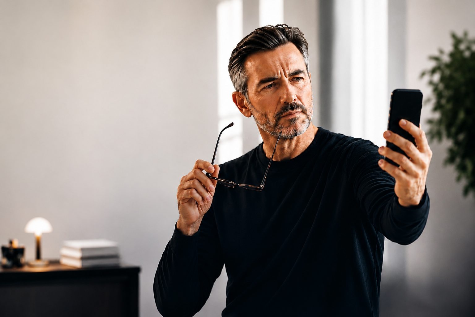 A sophisticated man in a black long-sleeved shirt holding glasses and looking intently at his smartphone.
