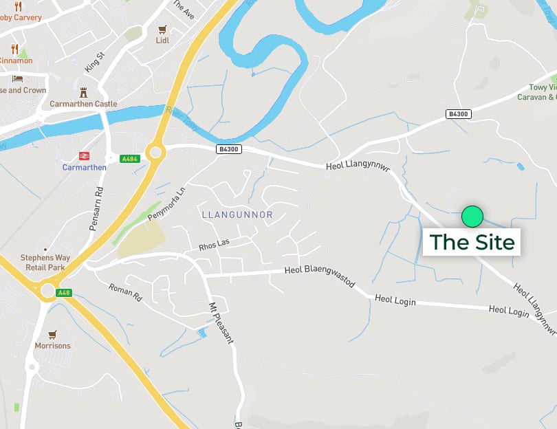 Map showing "The Site" in Llangunnor, east of Carmarthen, Wales.