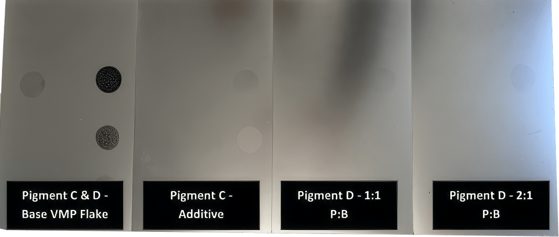 Four panels showing pigment samples and formulations including Base VMP Flake, Additive, and P:B ratios.
