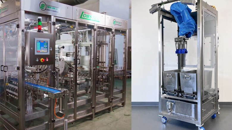 Two stainless steel industrial machines; one is a filling/packaging line, the other a robotic loader with bins.
