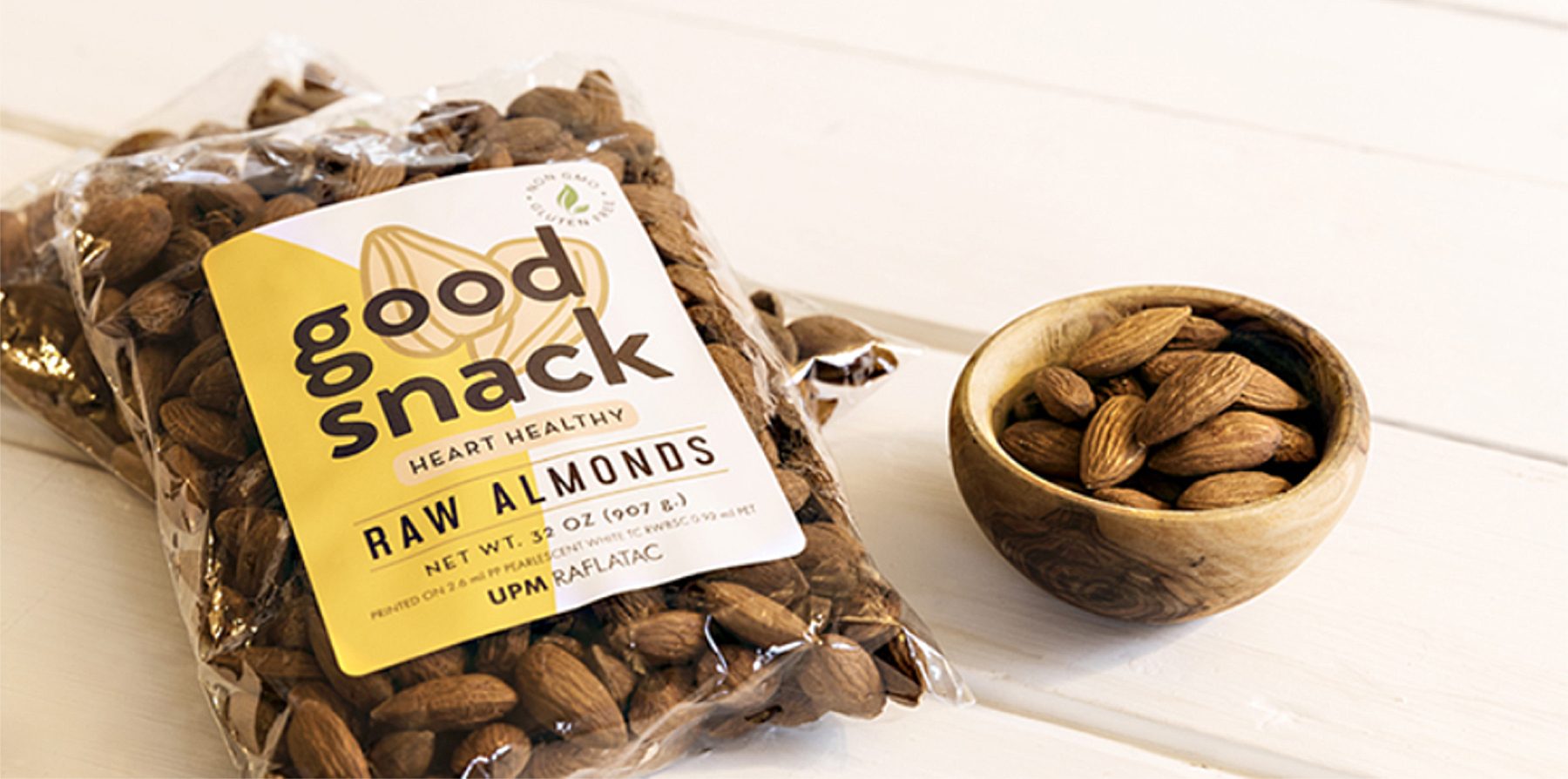Clear package of almonds with adhesive label on it