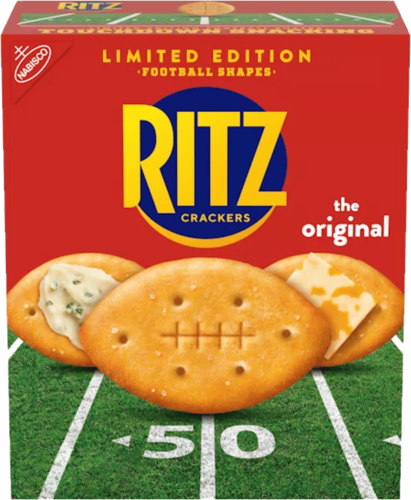 Box of Ritz football-shaped crackers against white background