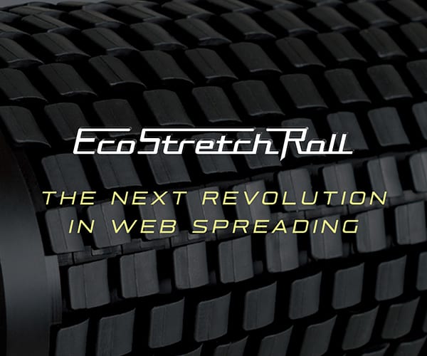 EcoStretchRoll black textured roller, with "THE NEXT REVOLUTION IN WEB SPREADING" text.