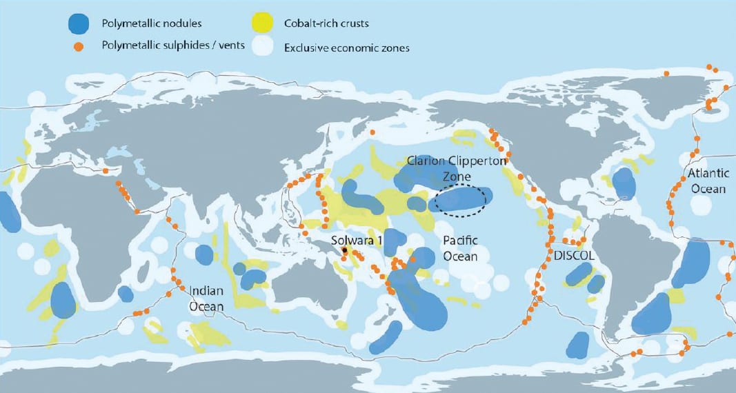 Map outlining the location of the three main marine mineral deposits