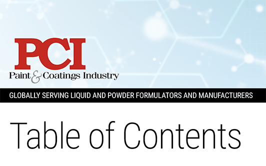Cover page for PCI Paint & Coatings Industry, featuring their logo, a tagline, and "Table of Contents".