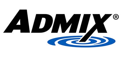 ADMIX logo with the company name in black, bold, italicized text and a blue ripple graphic below.