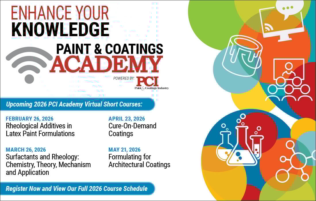 Ad for Paint & Coatings Academy 2026 virtual short courses, powered by PCI.