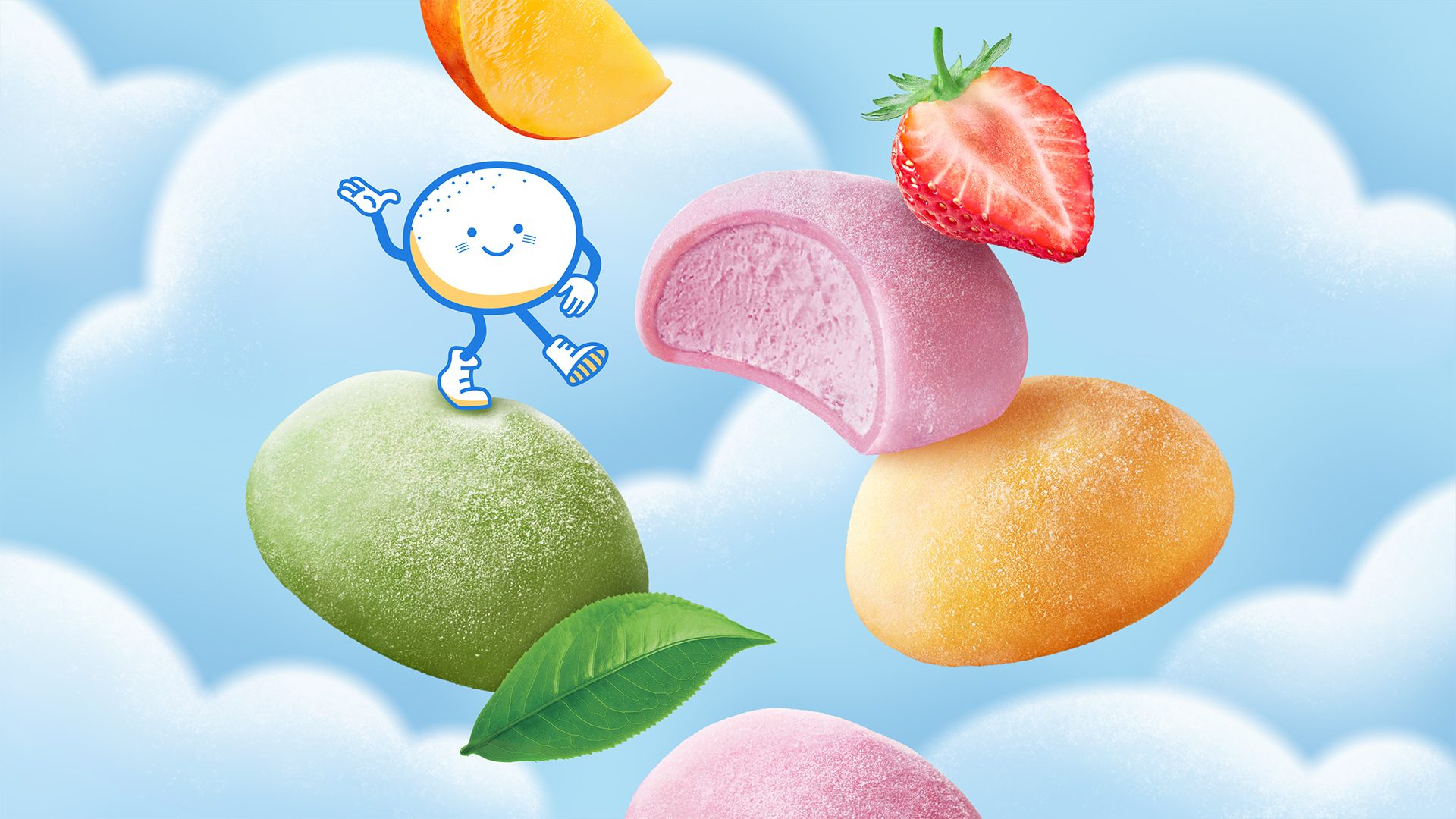 Mochi floating against illustrated sky background