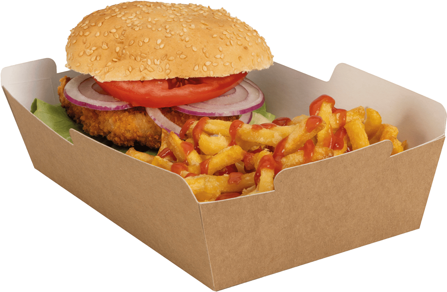Tower Tray holding a sandwich and French fries against white background