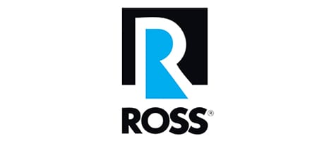 Ross logo with a black square, stylized white and blue 'R', and 'ROSS' text below.