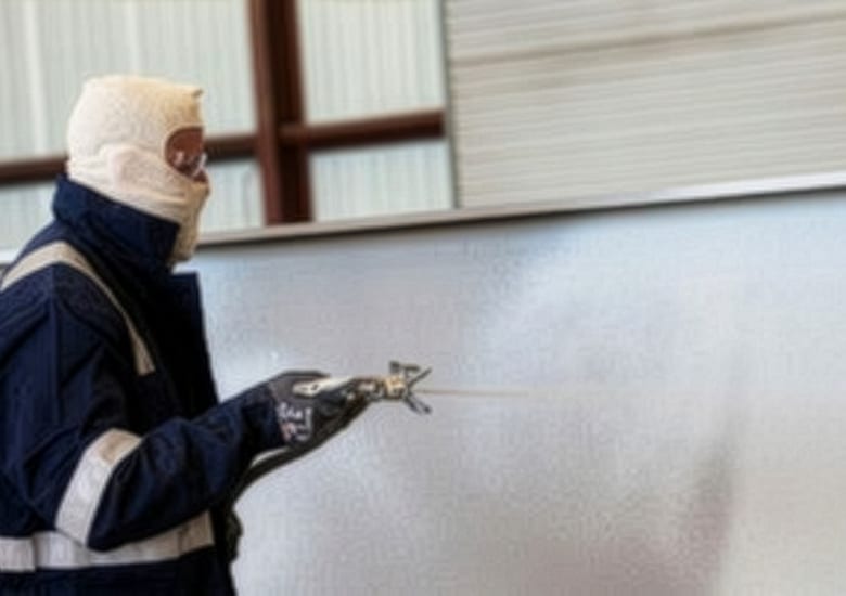 Worker in protective gear spraying a surface with a handheld device, possibly painting or cleaning.