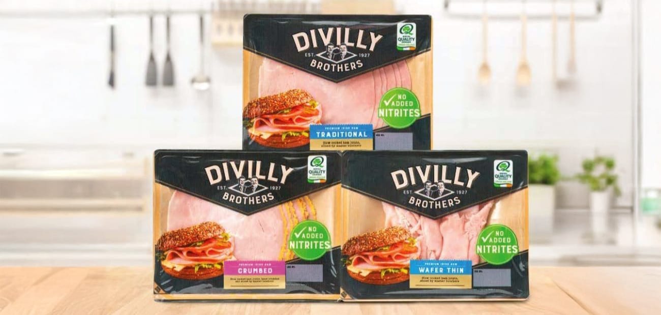 Divilly Brothers No Nitrite Added Ham in ProAmpac FibreSculpt packaging sitting on wooden table 