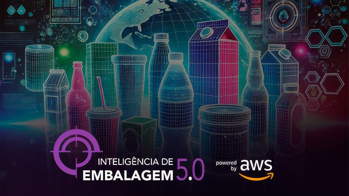Stylized image of bottles, cartons, and other packaging that Inteligência de Embalagem 5.0 uses to promote its AI platform.