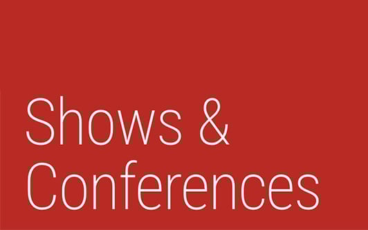 White text "Shows & Conferences" on a red background.