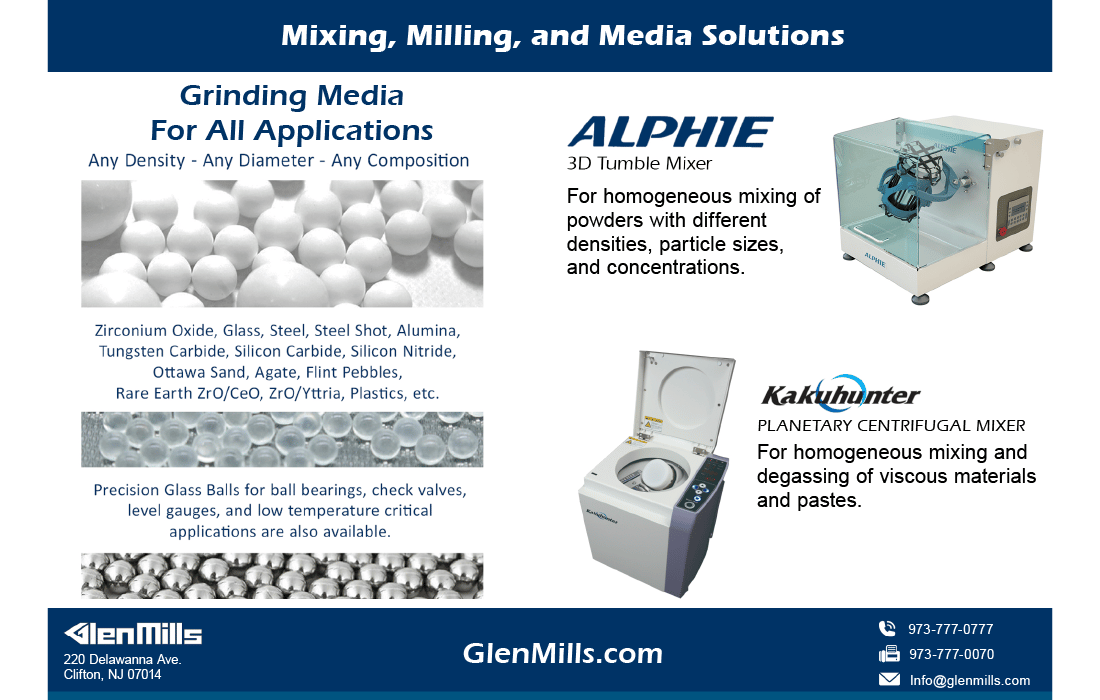 Ad for Glen Mills: grinding media, Alphie 3D Tumble Mixer, and Kakuhunter Planetary Centrifugal Mixer.