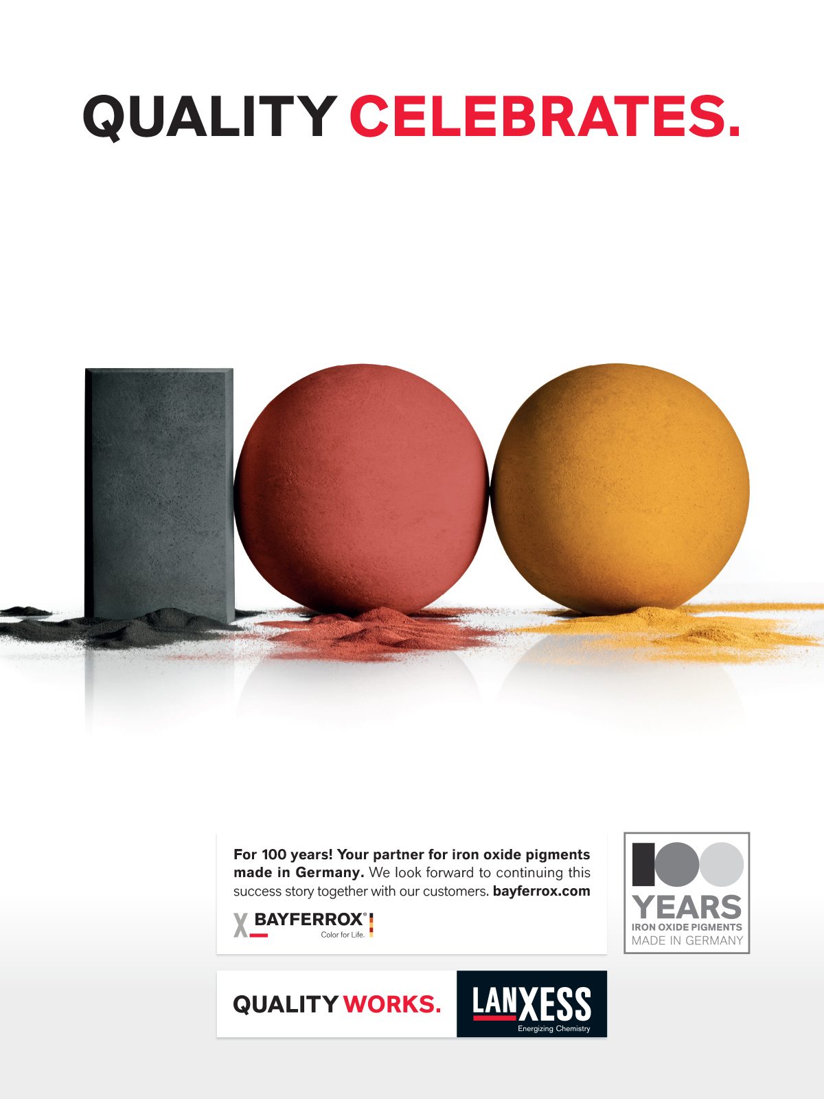 Ad for Bayferrox iron oxide pigments, celebrating 100 years with a block and two spheres forming '100'.