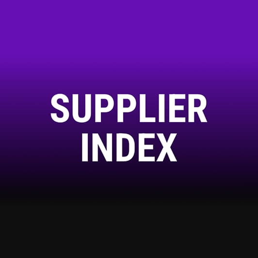 "SUPPLIER INDEX" text on a purple and black gradient background.