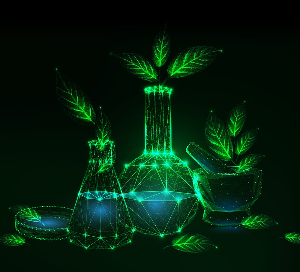 Futuristic eco friendly green technology concept with science laboratory glassware and green leaves