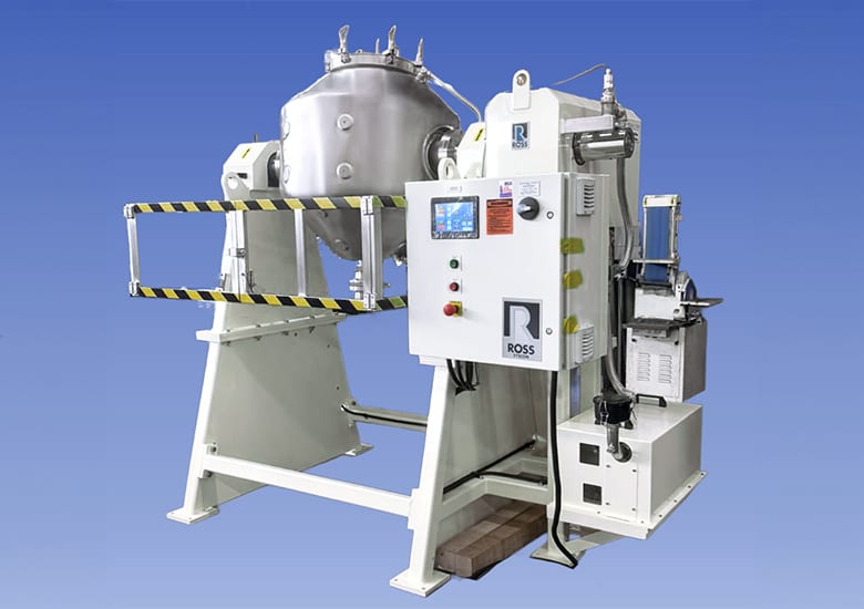 Industrial tumble mixer with stainless steel drum, control panel, and white frame. Ross brand.