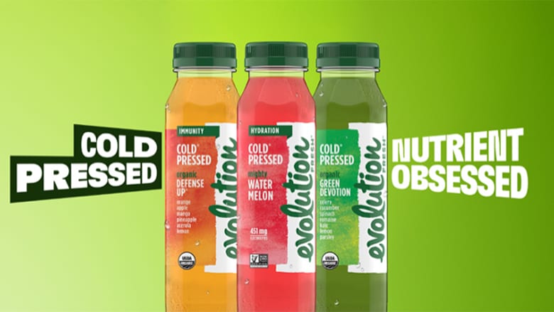 Three Evolution Fresh cold-pressed juice bottles (orange, red, green) with "Nutrient Obsessed" text.