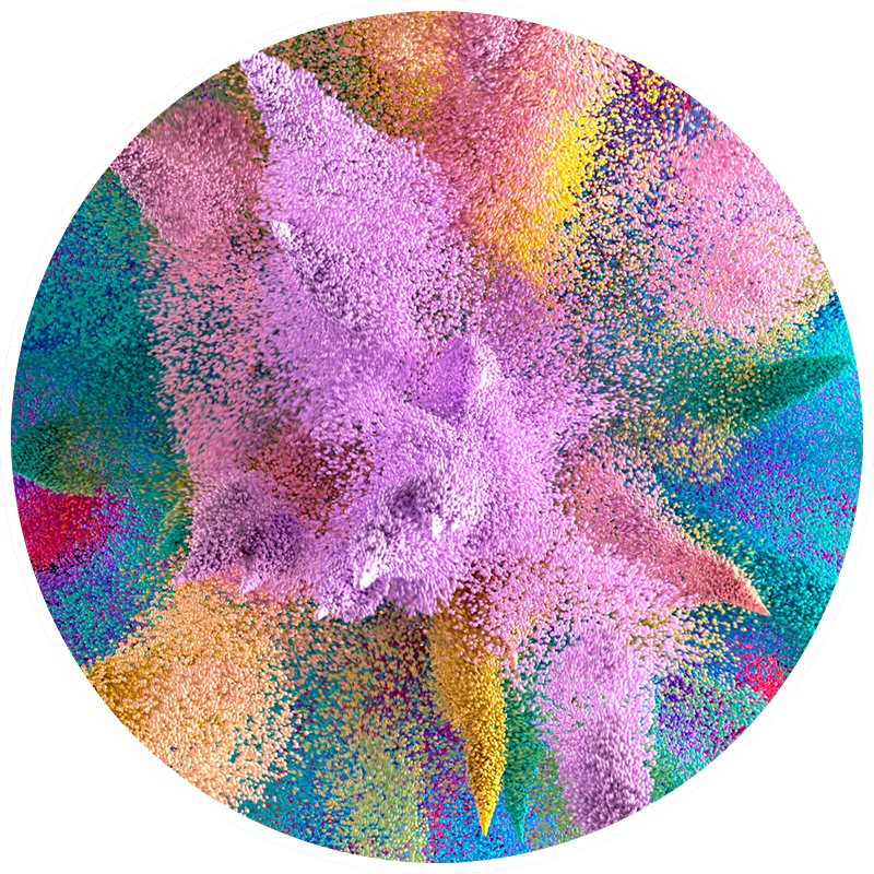 Vibrant burst of purple, yellow, pink, and teal particles in a white circle.