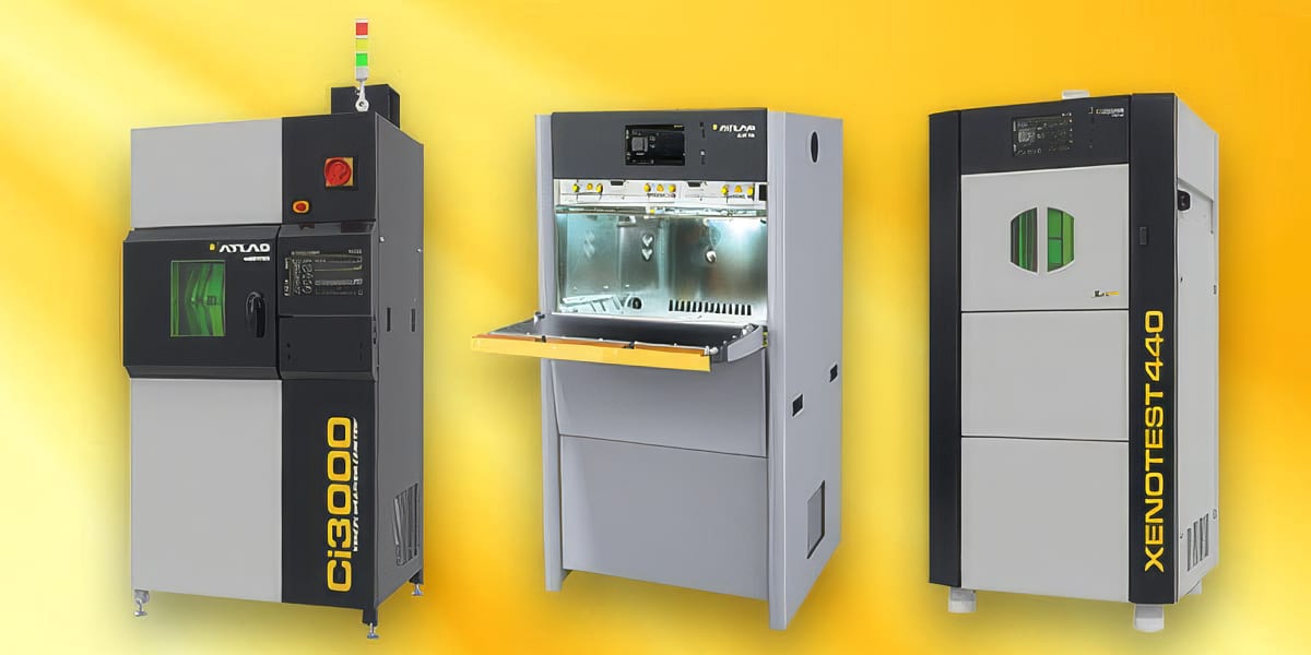Three Atlas weathering test instruments: Ci3000, UVTest, and Xenotest 440.