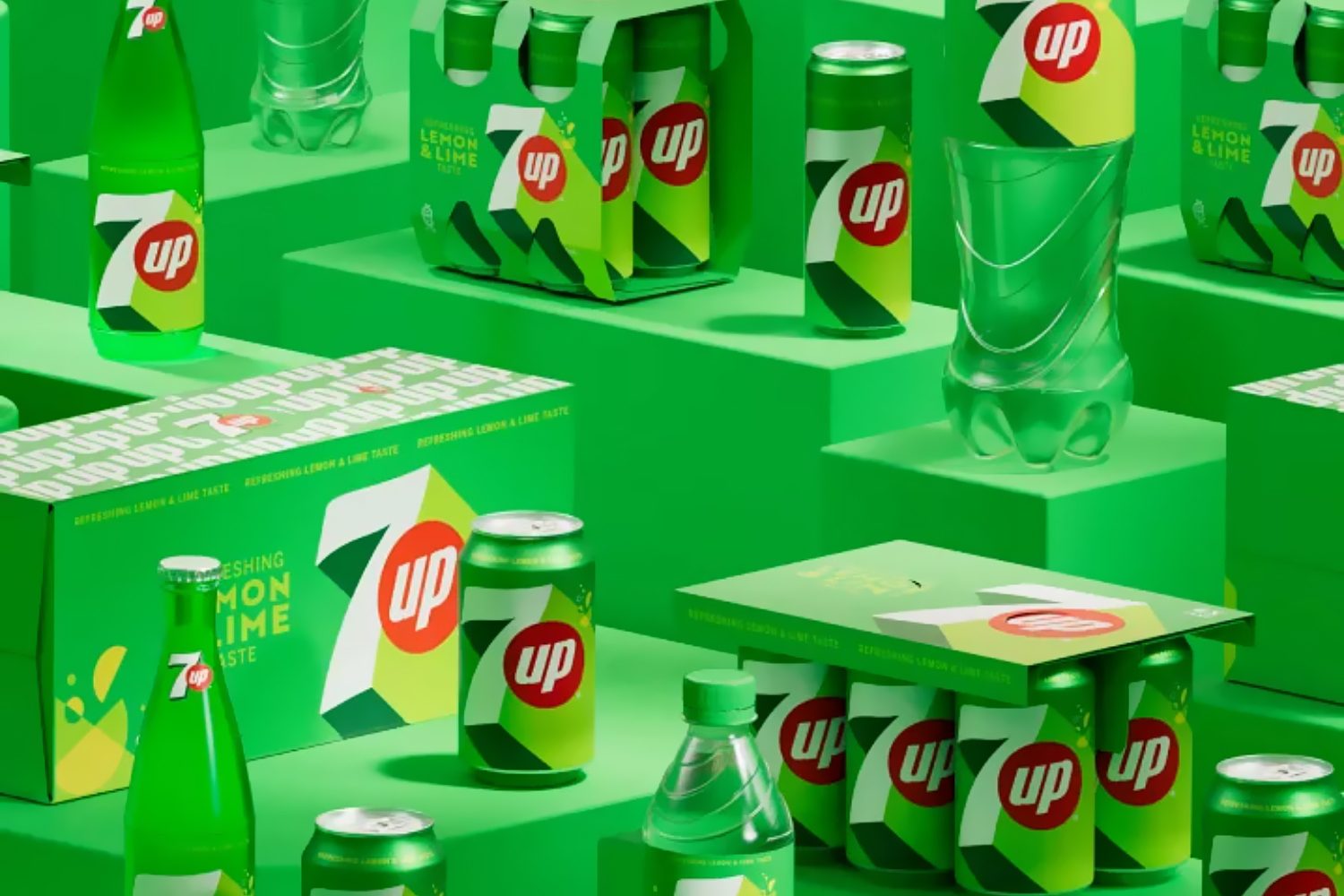 7UP bottles and cans against a bright green background