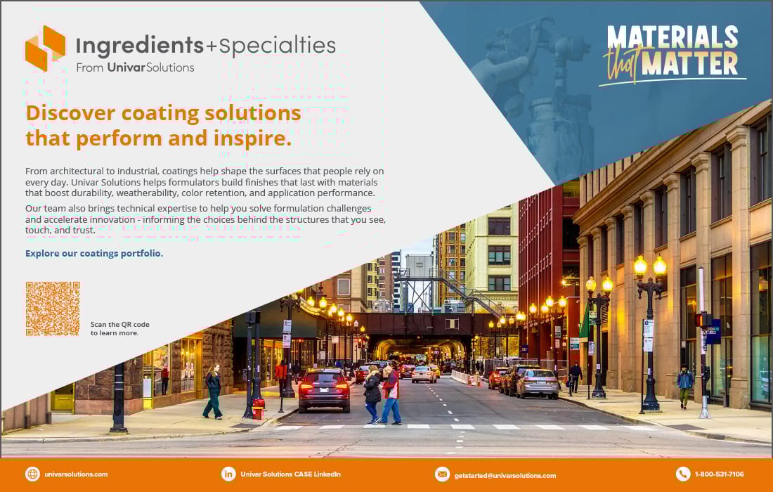 Ad for Univar Solutions coatings, featuring text on performance and a vibrant city street scene at dusk.
